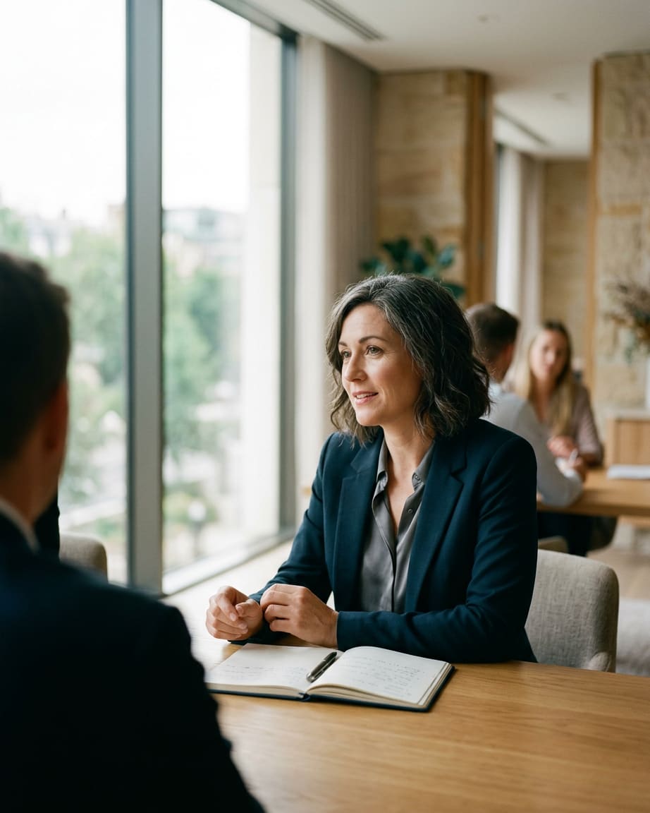 A lawyer listening closely during a meeting in a quiet, light-filled office